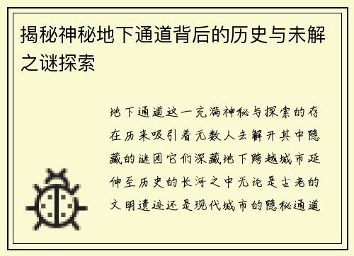 揭秘神秘地下通道背后的历史与未解之谜探索